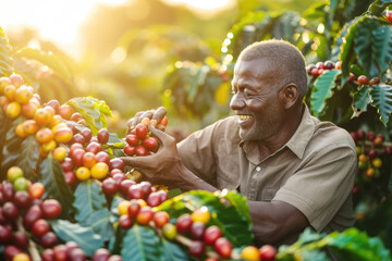 happy black man picking ripe coffee fruits on a plantation under the sun