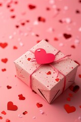 Close up pink gift on pastel pink background among heart-shaped confetti. Valentine's day, romance, love, wedding anniversary concept with copyspace.