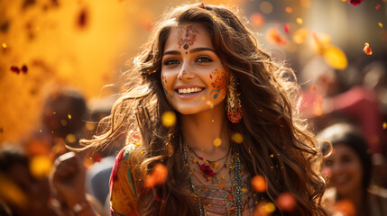 Holi Festival Of Colours. Portrait of happy indian girl in traditional hindu sari on holi color . india woman silver jewelry with powder paint on dress ,colorful pink and blue hair in Goa Kerala - obrazy, fototapety, plakaty