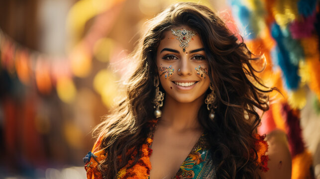 Holi Festival Of Colours. Portrait of happy indian girl in traditional hindu sari on holi color . india woman silver jewelry with powder paint on dress ,colorful pink and blue hair in Goa Kerala