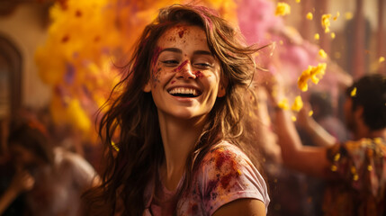 Outdoor image of Asian, Indian happy, beautiful mother daughter in Indian dress celebrating the Holi festival together with color powder.