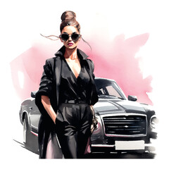 fashion girl in leopard print dress and sunglasses standing next to pink car, art station trends