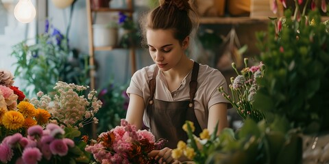 Florist arranging vibrant flowers at her shop. cheerful woman working with flora. blossoming creativity captured in lively setting. perfect for decor inspiration. AI