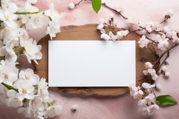 white card mockup next to spring flowers . ai generated