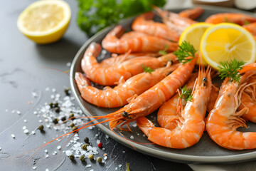 Boiled wild tiger shrimps close-up on a plate 
