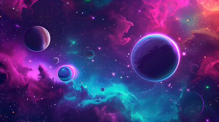 Naklejka premium cosmic abstract background with neon stars, planets, and celestial elements, conveying a sense of space exploration and discovery