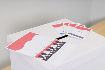 The voting paper of general elections or Pemilu for the president and government of Indonesia on the ballot box. Isolated image on white background