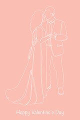 Postcard Happy Valentine's Day. Continuous line drawing of couples who love each other hold hands. Vector illustration.