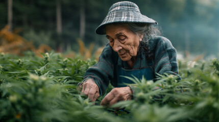 Old Woman in Hat Picking Plants