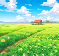 Summer Farm Fields. Children's book illustration in cartoon style.