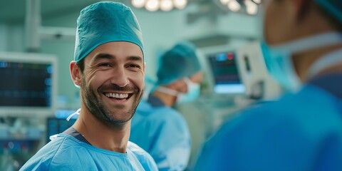 Smiling male surgeon in blue scrubs in a hospital setting, representing healthcare professionals at work. positive medical team environment. AI