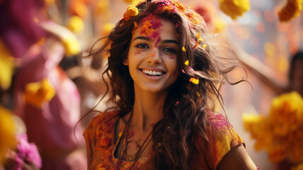 Portrait of young Indian face in paint Woman in traditional indian pink outfit with jeweler celebrating Holi color festival.girl with black hair with bindi on the head and snow-white smile