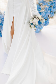 Close-up bunch of bride flowers. Bridal accessories.
