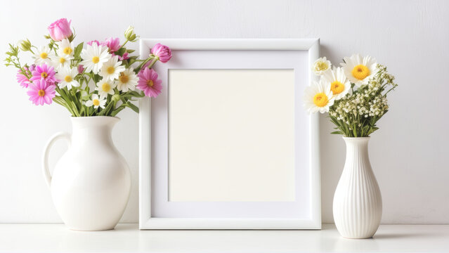 Two Vases With Flowers Beside a White Picture Frame