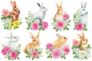 Fototapete Boho-Tiere Cute animal. Set bunnies on isolated white background, bunny with flowers, leaves watercolor illustration. Easter rabbit