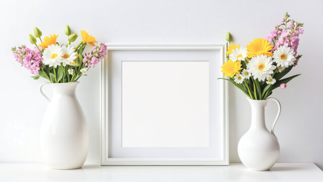 Two Vases With Flowers in Front of a Picture Frame