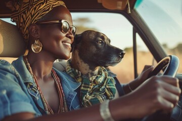 African couple with their dog are sitting in the car and driving for the weekend for leisure or travel - obrazy, fototapety, plakaty