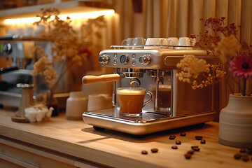 Fototapeta na wymiar Coffee bean machine with espresso machine in the middle, in harmony with nature, dark white and cream, striped, luxury table setting.