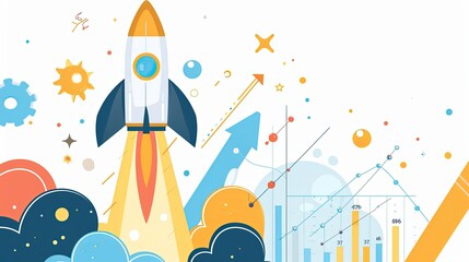 Bright and playful illustration of a rocket ascending amidst whimsical elements and business growth charts, depicting innovation and progress.
