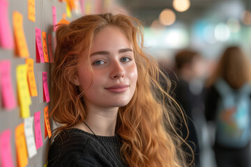 Jeune femme devant un tableau blanc recouvert de post-it, cheffe de projet après une réunion brainstorming efficace, design thinking et travail collaboratif en réunion