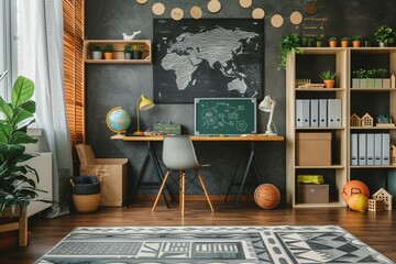 Children's study room at home. Modern spacious interior with desk, chair, bookshelves, chalkboard, lamps, Earth globe, plants, boxes, toys, rug, and laminate flooring. Unisex design for boy or girl