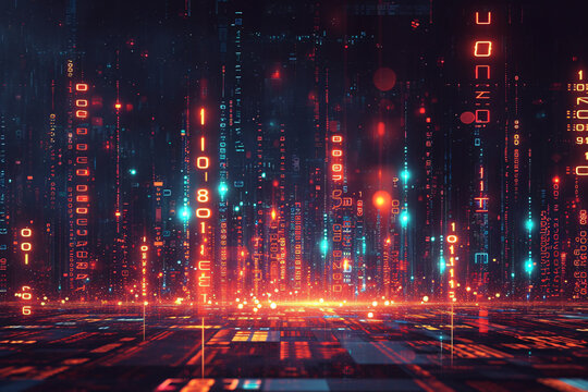 Abstract digital cityscape with glowing binary code rain