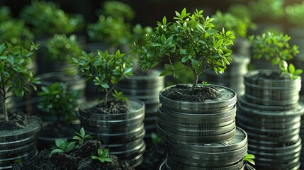 A vibrant depiction of young trees growing atop stacks of coins, symbolizing the potential of investments and the growth of wealth in a sustainable manner.