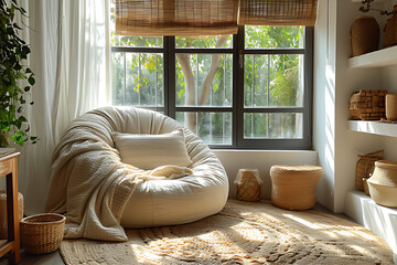 A sofa with cushions in the lounge area near the window, allowing soft sunlight to illuminate the cozy reading nook.