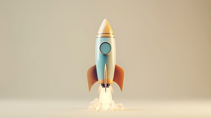 Rocket launch, with a focus on smooth lines and pastel colors against a neutral background.