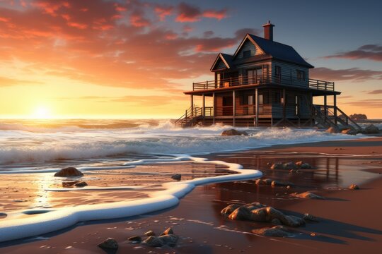colorful 3d render style background, sunset, and sand beach,