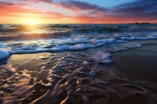 colorful 3d render style background, sunset, and sand beach,
