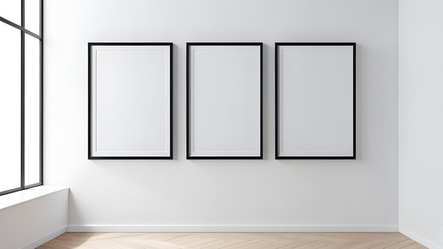 mockup vertical rectangle painting frames hanging on a white wall background at the room corner 