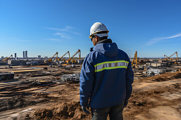 Architect in his work uniform standing on construction site to check building progress, daytime, bright blue sky with white clouds.