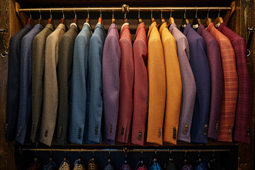 Assorted mens jackets neatly displayed in store