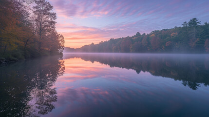 A serene lakeside landscape at dawn, the still water reflecting the pastel colors of the morning...
