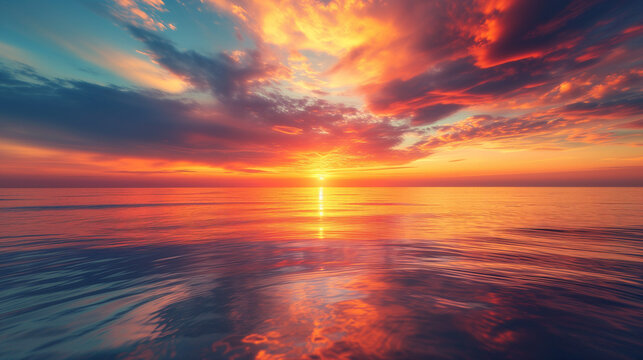 Breathtaking sunrise over a calm ocean, the sky painted in shades of orange and pink, reflecting on the water