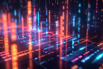 Obraz premium Digital landscape with blue and red neon lights and binary numbers