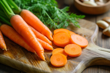 Chopped carrots on wooden board