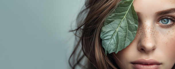 Close-up portrait of a woman with freckles. Studio shot with a green leaf and copy space on a light background. Skincare and natural beauty concept. Design for banner, poster, cosmetic advertising