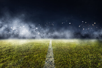 textured soccer game field with smoke - center, midfield