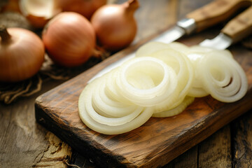 Chopped onions on wood surface