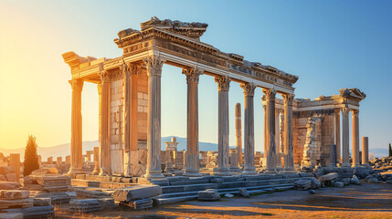 Obraz premium Ruins of ancient Greek temple at golden hour sunlight