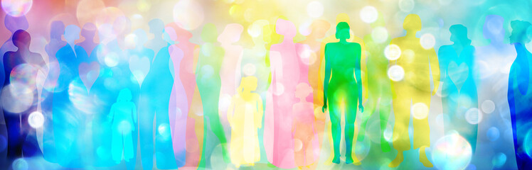 Stilisierte Menschen verschiedener Ethnien und Kulturkreise, in allen Farben, stehen zusammen in einer bunten, lichtvollen Umgebung als Sinnbild der Verbundenheit und Gleichheit in der Diversität