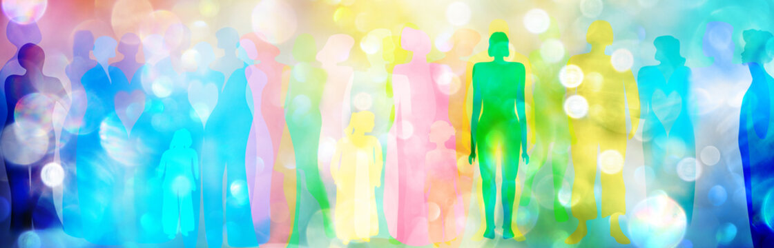 Stilisierte Menschen verschiedener Ethnien und Kulturkreise, in allen Farben, stehen zusammen in einer bunten, lichtvollen Umgebung als Sinnbild der Verbundenheit und Gleichheit in der Diversit&auml;t