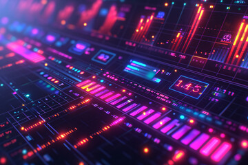 Obraz premium Vivid digital audio mixer interface with glowing neon lights