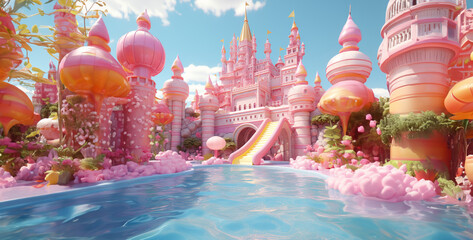 Cute cartoon princess castle isolated, princess castle, fairy tale castle, Cute cartoon pink and...