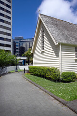 Fototapeta na wymiar Small wooden church at Bolton street cemetery. Mortuary chapel. City of Wellington New Zealand.