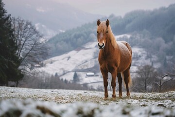 Portrait of horse standing in field by mountain 