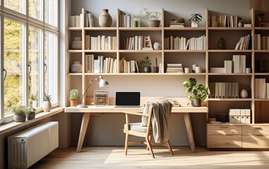 Cozy Home Office Setup with Desk and Bookshelves