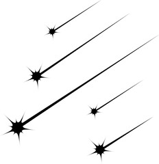 Monochrome meteor rain. Isolated. Black and white comet. Group of star shapes with long tails. Celestial design element. Minimalistic flat style illustration.